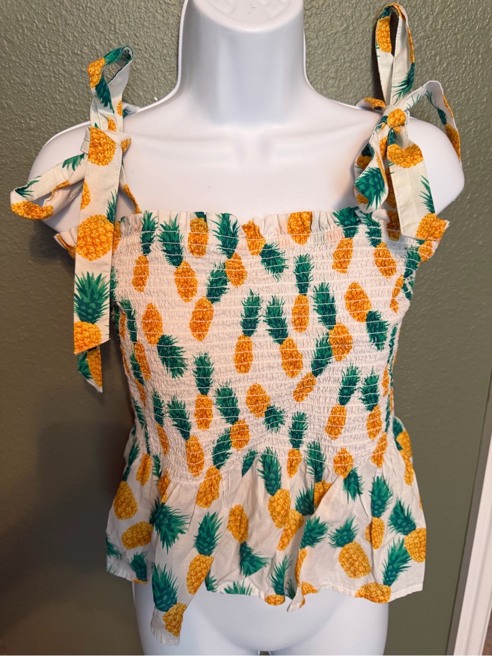 J. Crew Pineapple Print Tie-Strap Smocked Camisole - White, Yellow, Green